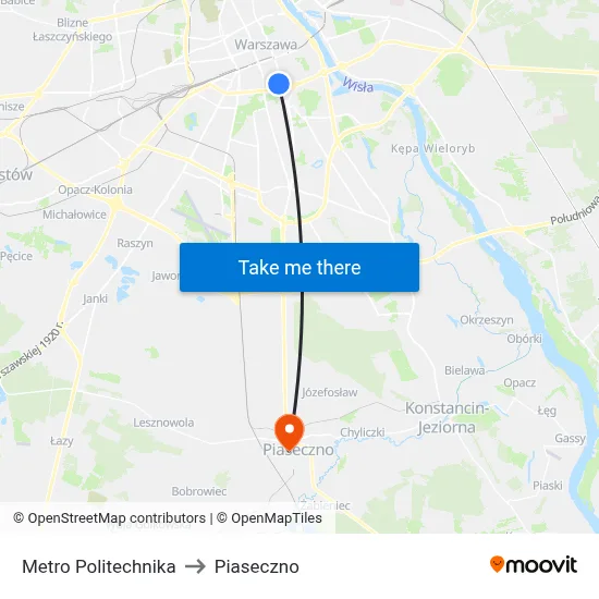 Metro Politechnika to Piaseczno map