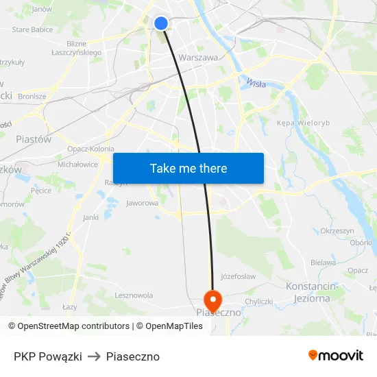 PKP Powązki to Piaseczno map