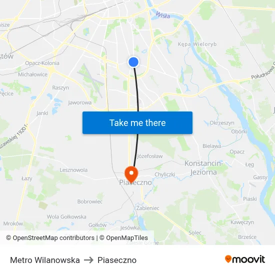 Metro Wilanowska to Piaseczno map