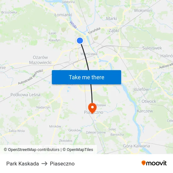 Park Kaskada to Piaseczno map