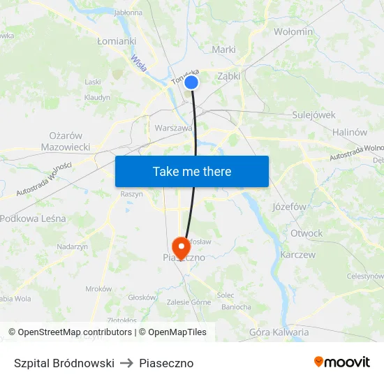 Szpital Bródnowski to Piaseczno map