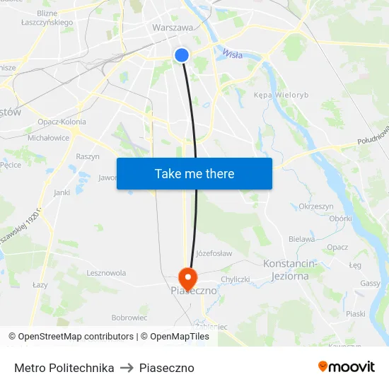 Metro Politechnika to Piaseczno map