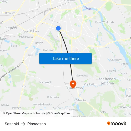 Sasanki to Piaseczno map