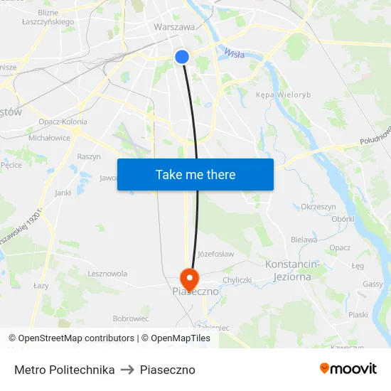 Metro Politechnika to Piaseczno map
