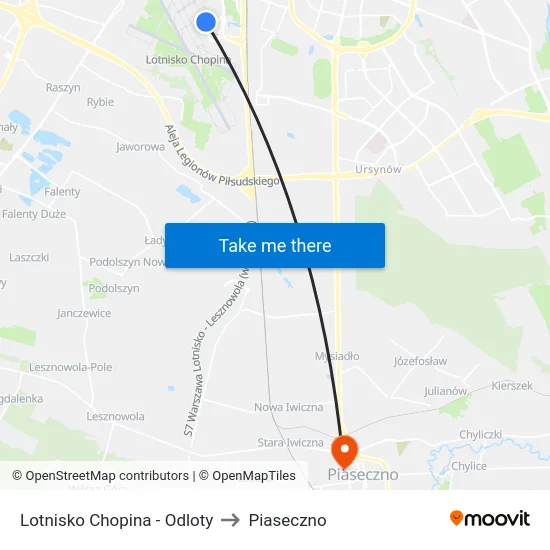 Lotnisko Chopina - Odloty to Piaseczno map