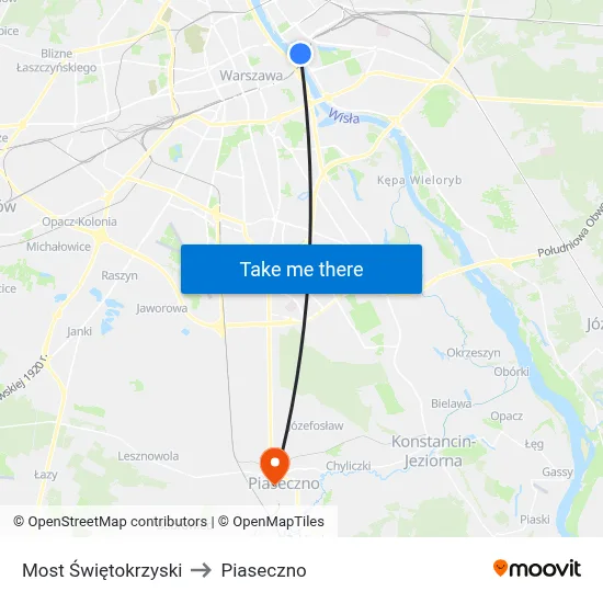 Most Świętokrzyski to Piaseczno map