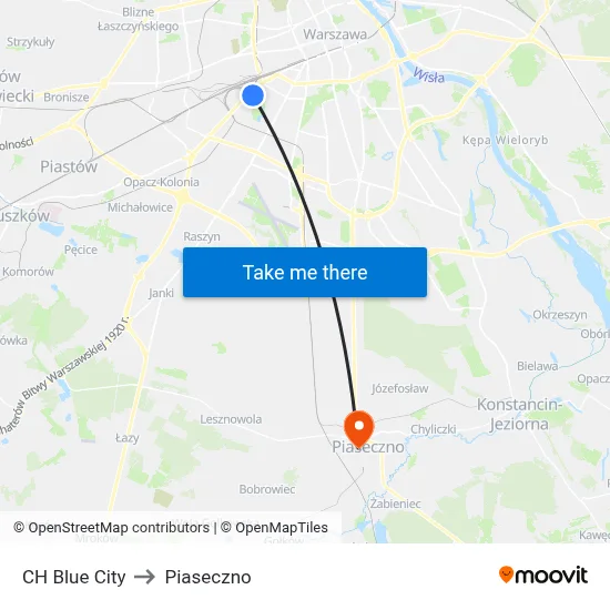 CH Blue City to Piaseczno map