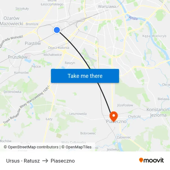 Ursus - Ratusz to Piaseczno map