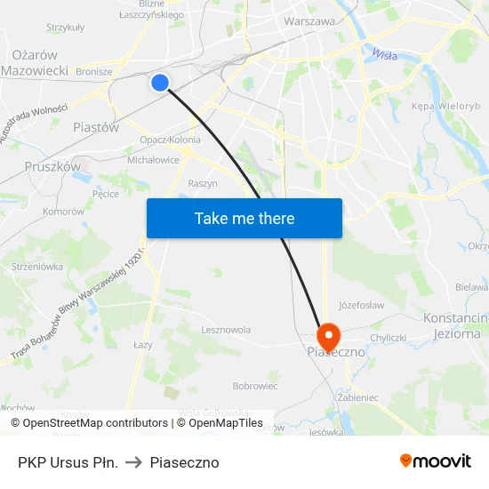 PKP Ursus Płn. to Piaseczno map