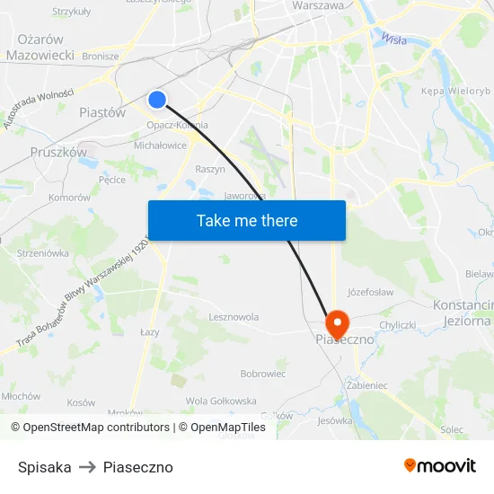 Spisaka to Piaseczno map