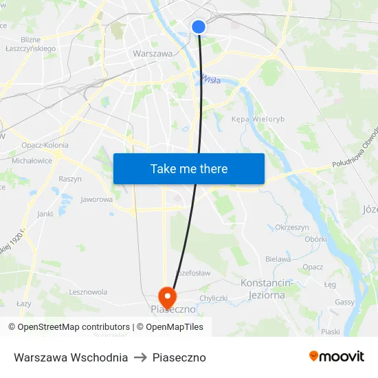 Warszawa Wschodnia to Piaseczno map