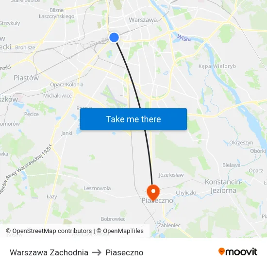 Warszawa Zachodnia to Piaseczno map