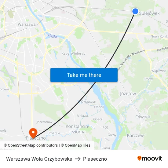 Warszawa Wola Grzybowska to Piaseczno map