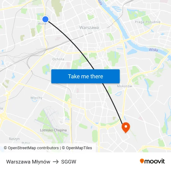 Warszawa Młynów to SGGW map