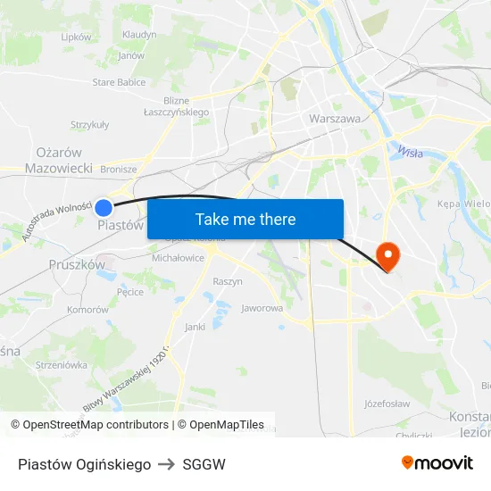 Piastów Ogińskiego to SGGW map
