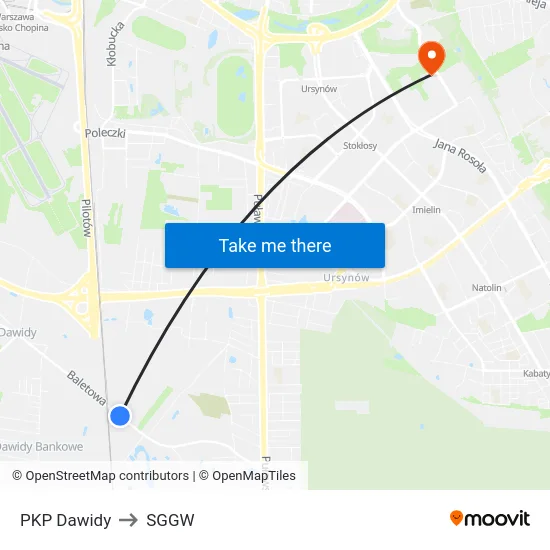 PKP Dawidy to SGGW map