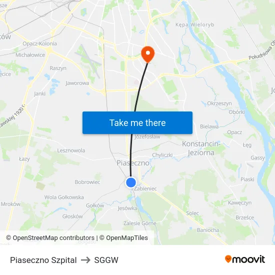 Piaseczno Szpital to SGGW map