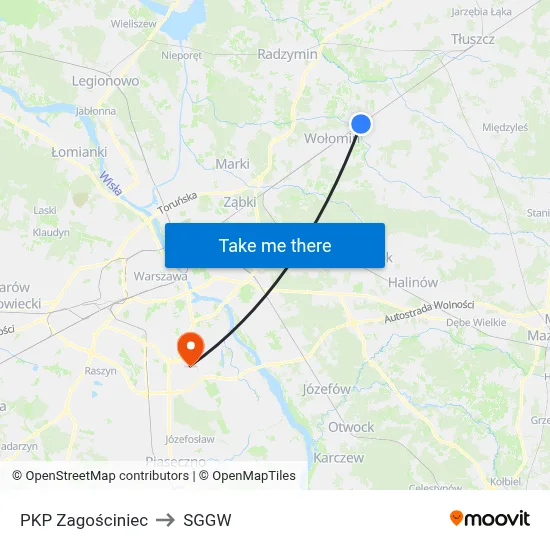 PKP Zagościniec to SGGW map