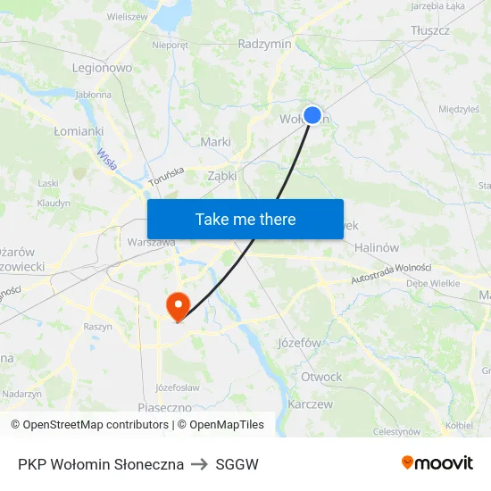 PKP Wołomin Słoneczna to SGGW map