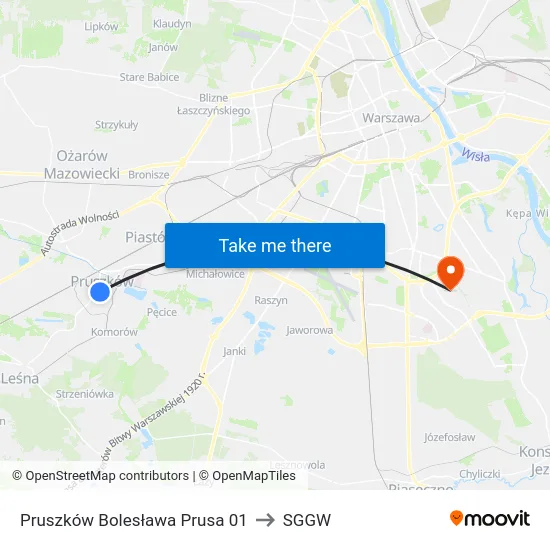 Pruszków Bolesława Prusa 01 to SGGW map