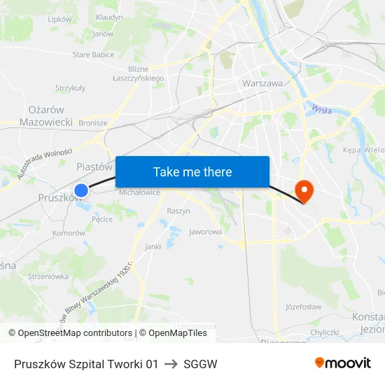 Pruszków Szpital Tworki 01 to SGGW map