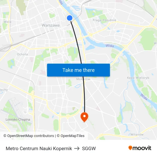 Metro Centrum Nauki Kopernik to SGGW map
