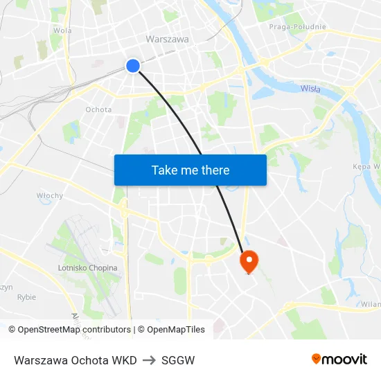 Warszawa Ochota WKD to SGGW map