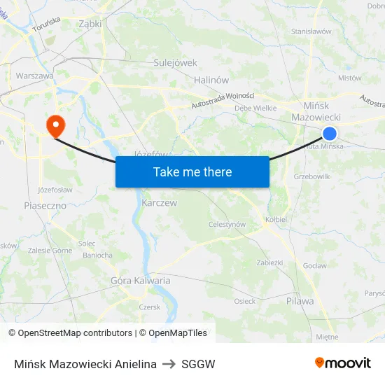 Mińsk Mazowiecki Anielina to SGGW map