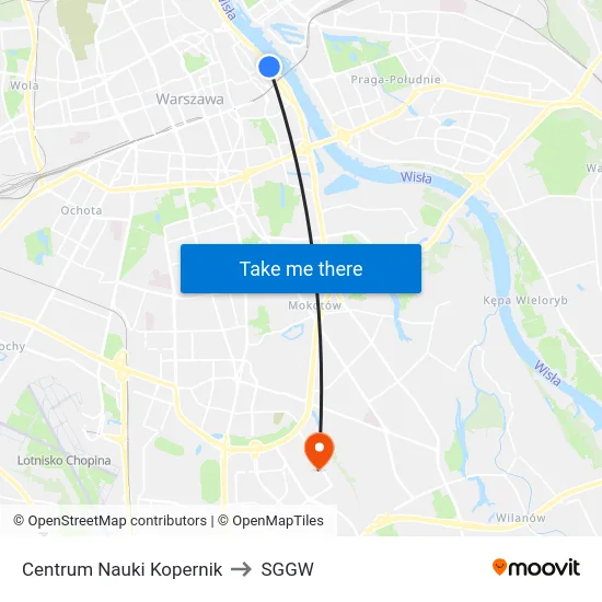 Centrum Nauki Kopernik to SGGW map