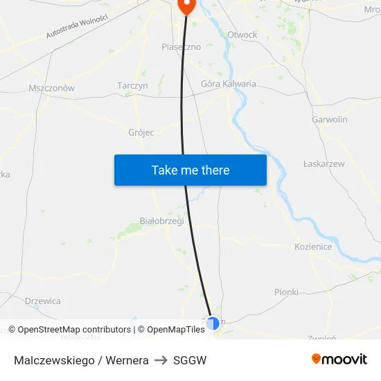 Malczewskiego / Wernera to SGGW map