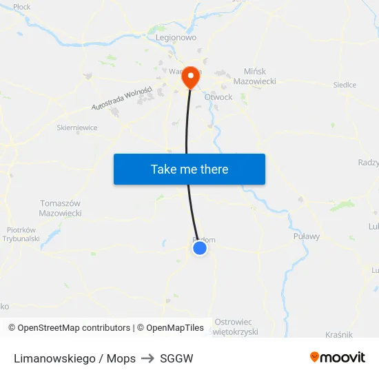 Limanowskiego / Mops to SGGW map