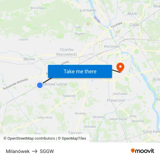 Milanówek to SGGW map