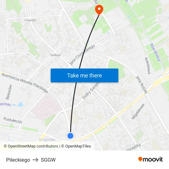 Pileckiego to SGGW map