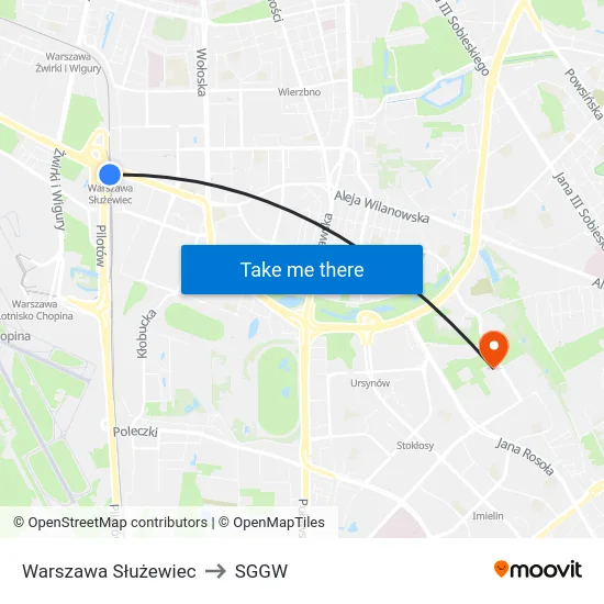 Warszawa Służewiec to SGGW map
