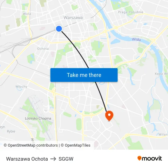 Warszawa Ochota to SGGW map