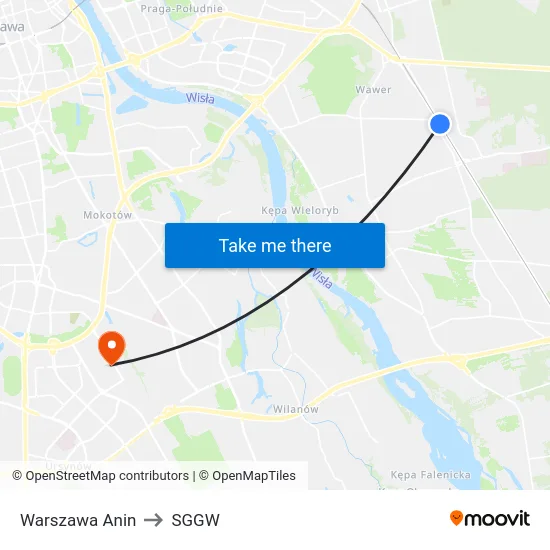 Warszawa Anin to SGGW map