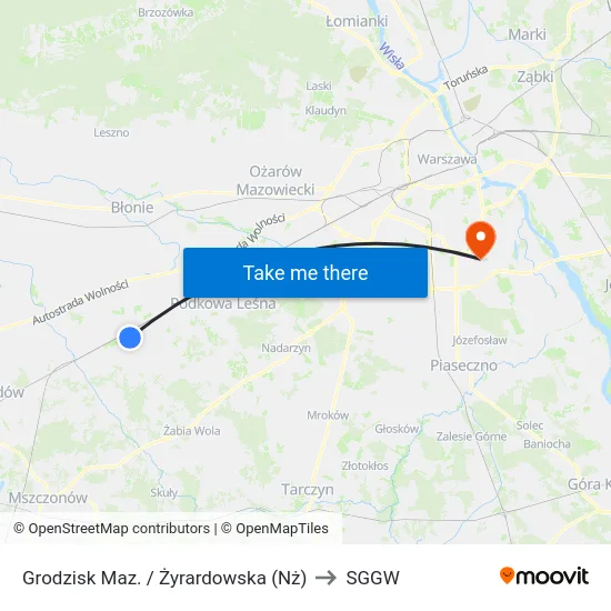 Grodzisk Maz. / Żyrardowska (Nż) to SGGW map