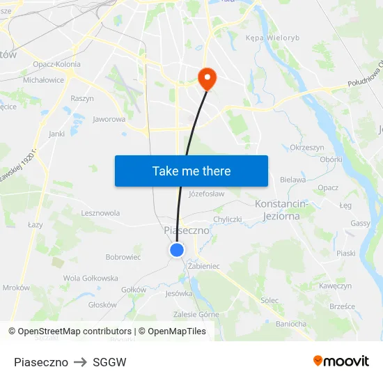 Piaseczno to SGGW map