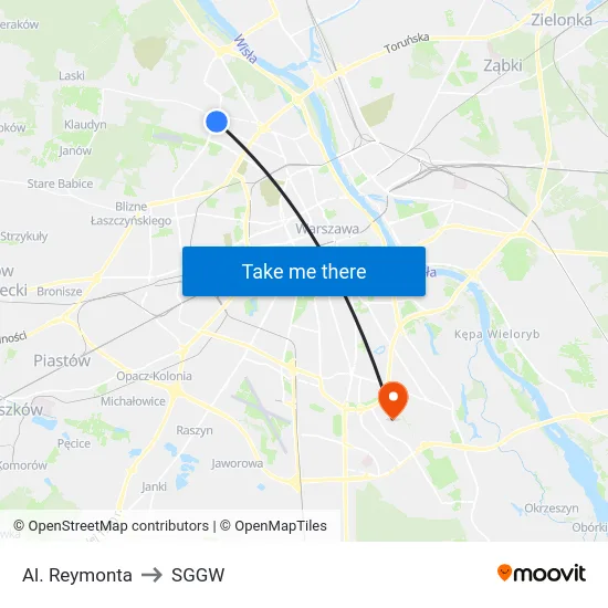 Al. Reymonta to SGGW map