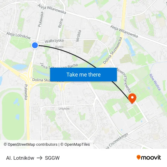 Al. Lotników to SGGW map