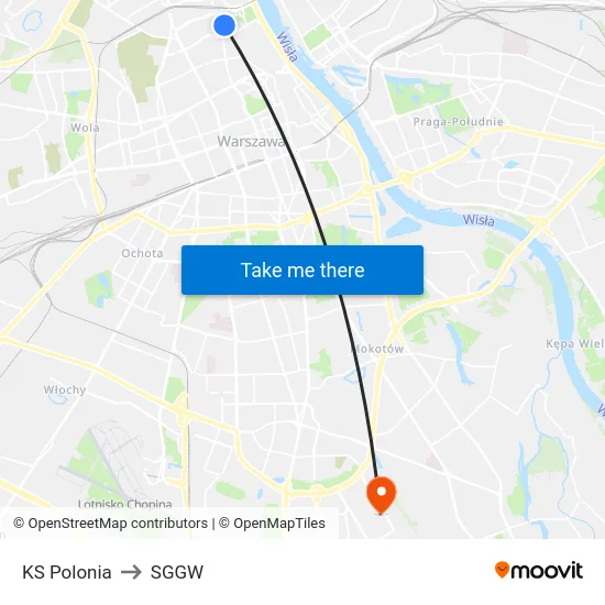 KS Polonia to SGGW map