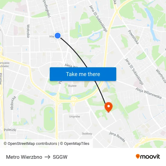 Metro Wierzbno to SGGW map