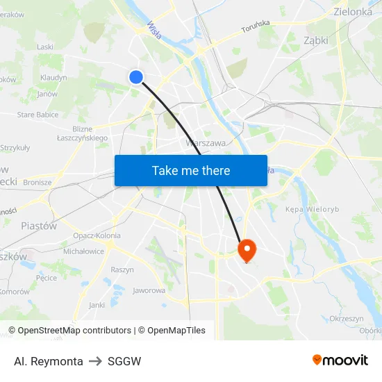 Al. Reymonta to SGGW map