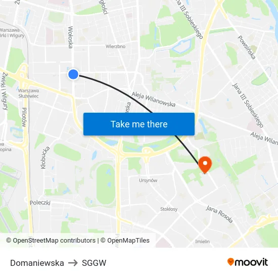 Domaniewska to SGGW map