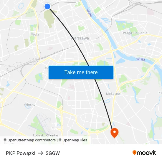 PKP Powązki to SGGW map