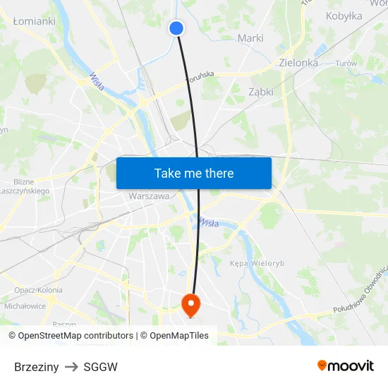 Brzeziny to SGGW map