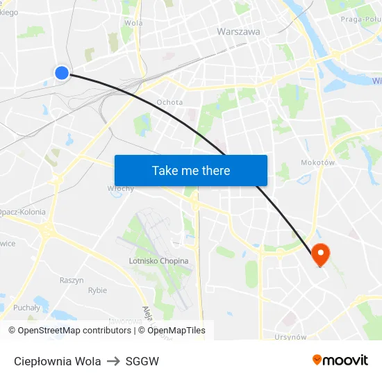 Ciepłownia Wola to SGGW map