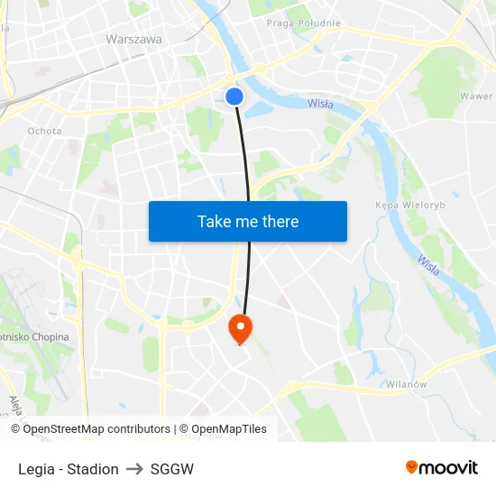 Legia - Stadion to SGGW map