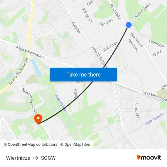 Wiertnicza to SGGW map