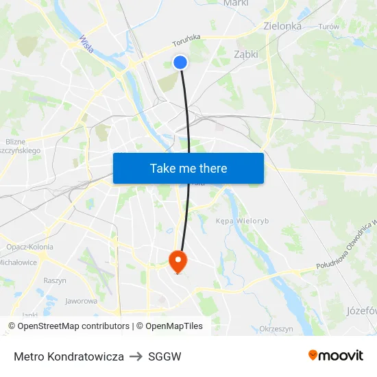 Metro Kondratowicza to SGGW map